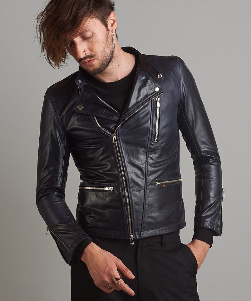 KAZUYUKI KUMAGAI セミダブルレザーライダースジャケット　ネイビー KAZUYUKI KUMAGAI セミダブルレザーライダースジャケット ネイビー