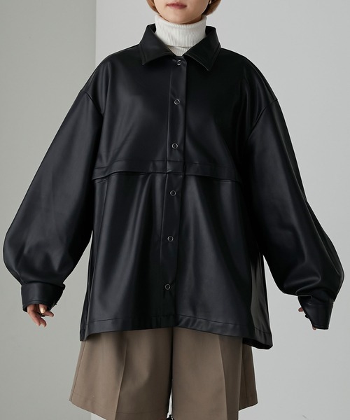 ジャケット フェイクレザー ワイルド ゆったり 2色 8765 forksy.】フェイクレザー2wayシャツジャケット forksy.│MONO