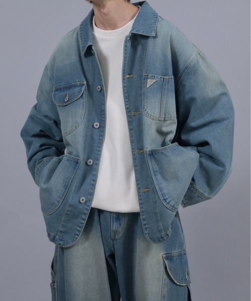 セール】ヴィンテージライクデニムカバーオール（デニムジャケット