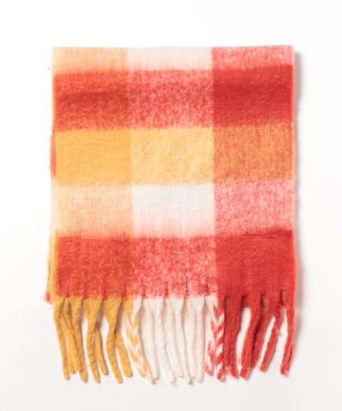 Right-on(ライトオン)の「【HONEYSUCKLE ROSE】ふわふわチェック太フリンジマフラー(マフラー・レディース・オレンジ/ブルー・ONE SIZE)」の9枚目の写真