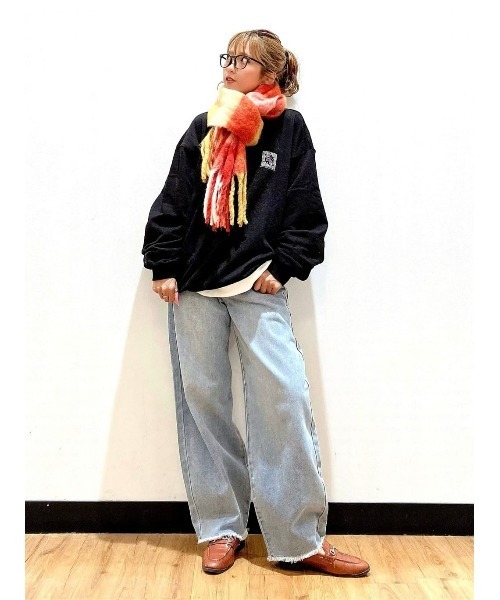 Right-on(ライトオン)の「【HONEYSUCKLE ROSE】ふわふわチェック太フリンジマフラー(マフラー・レディース・オレンジ/ブルー・ONE SIZE)」の7枚目の写真