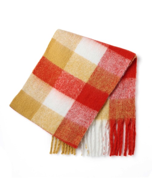 Right-on(ライトオン)の「【HONEYSUCKLE ROSE】ふわふわチェック太フリンジマフラー(マフラー・レディース・オレンジ/ブルー・ONE SIZE)」の17枚目の写真