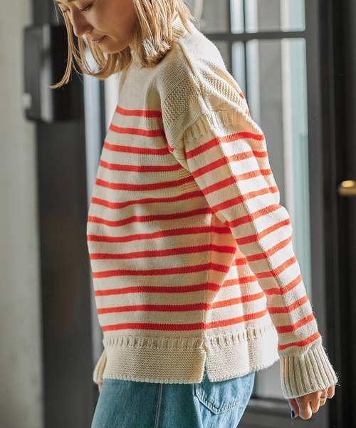 Oldderby Knitwear（オールダービーニットウェア）の「Oldderby Knitwear ストライプ プルオーバー JM5004（ニット/セーター・レディース・ネイビー/オレンジ・M）」の7枚目の写真