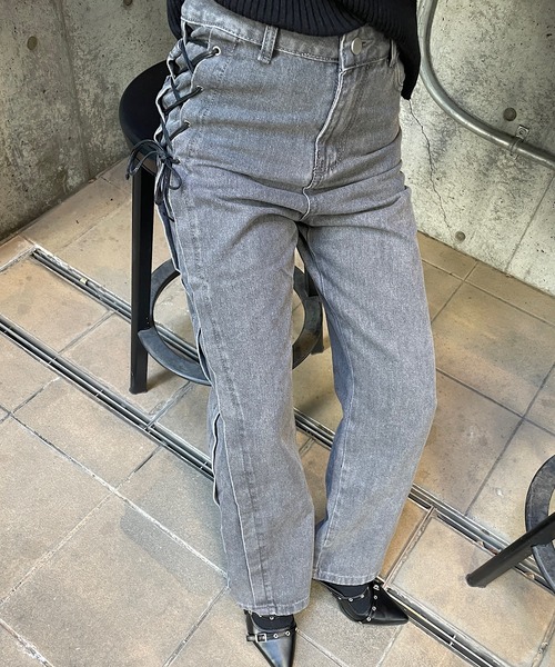 rosemuse ロゼミューズ グレー サイドストライプ デニムパンツ セール】サイドレースアップデニムパンツ（デニムパンツ）｜ROGER AND