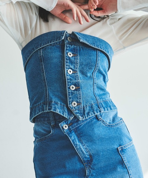 31 Sons de mode（トランテアン　ソン　ドゥ　モード）の「デニムビスチェ（ベスト・レディース・ダークインディゴブルー/サックスブルー/ブラック・38/36）」の21枚目の写真