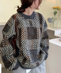 ニットセーター デカチェック柄 配色秋冬
