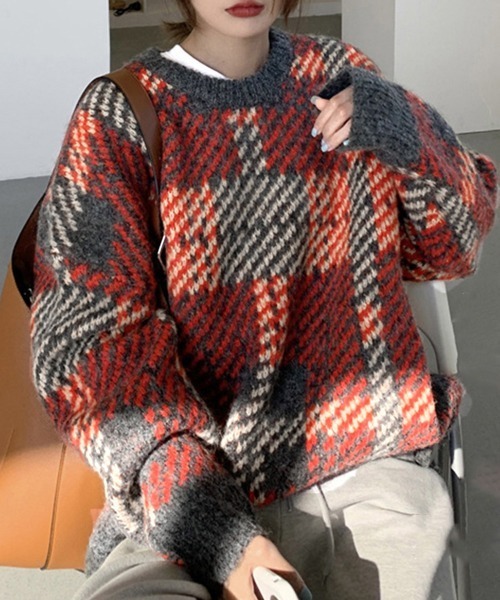 Miniministore(ミニミニストア)の「ニットセーター デカチェック柄 配色秋冬(ニット/セーター・レディース・ワインレッド/グレー・FREE)」の1枚目の写真