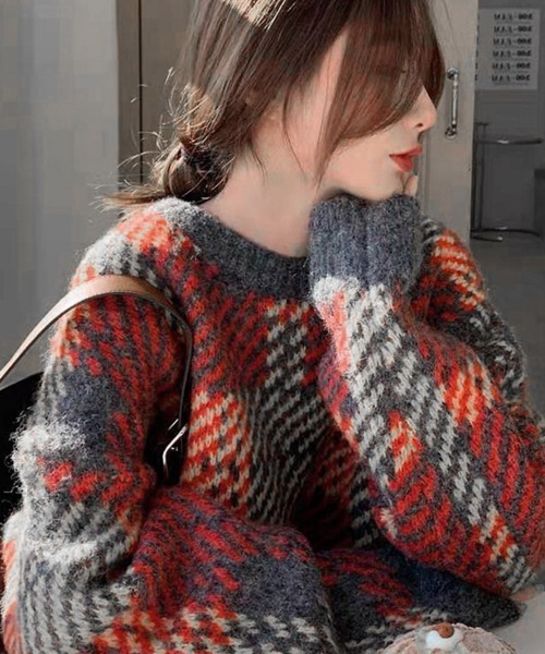 Miniministore(ミニミニストア)の「ニットセーター デカチェック柄 配色秋冬(ニット/セーター・レディース・ワインレッド/グレー・FREE)」の12枚目の写真