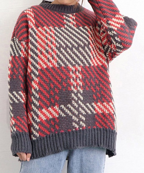 Miniministore(ミニミニストア)の「ニットセーター デカチェック柄 配色秋冬(ニット/セーター・レディース・ワインレッド/グレー・FREE)」の15枚目の写真