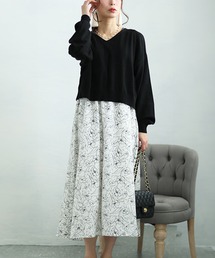 ニット&花柄ドッキングワンピースセット【大きいサイズ対応】