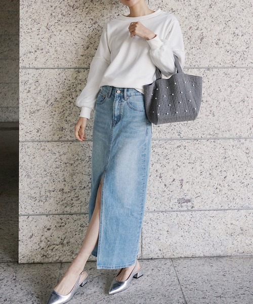 美品 VIVAMUS ダメージ デニム ロング スカート ブルー スリット M 美