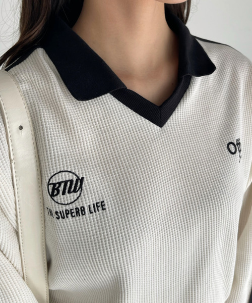 Ada.(エイダ)の「刺繍入り 袖ライン ワッフル生地 ゲームシャツ(スウェット・レディース・オートミール/ブラック/アイボリー・FREE)」の19枚目の写真