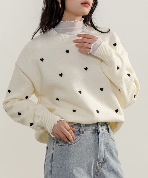 DAY CLOSET（デイ クローゼット）の「レディース 長袖恋する小粒ハートニットセーター（ニット/セーター・レディース・グレー/オフホワイト/ピンク・FREE）」の6枚目の写真