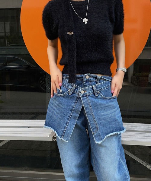 セール】レイヤードデザイン セミワイド デニムパンツ（デニムパンツ