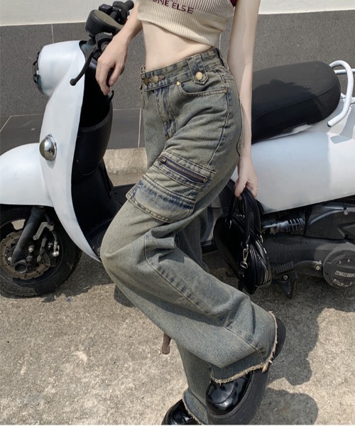 ストレートワイド ホワイトデニムパンツ ビンテージ加工 韓国 Y2K ストレートワイド ホワイトデニムパンツ ビンテージ加工 韓国