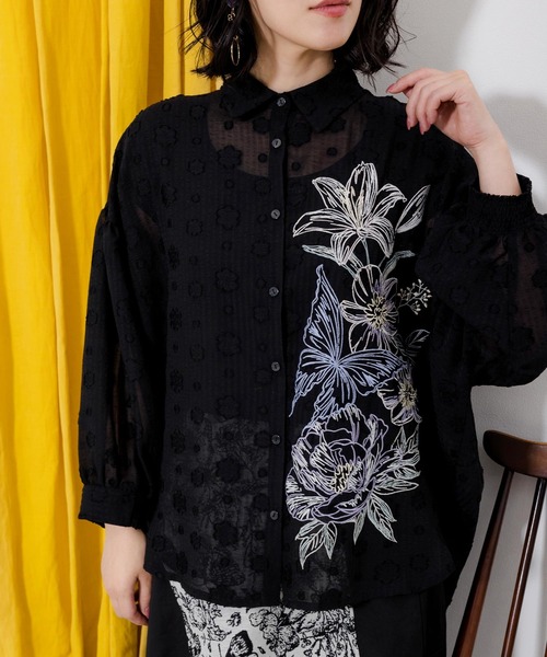 イズスカラー 542212 蝶花柄×シフォンドットジャガードプルオーバー スカラー ScoLar 蝶花柄×シフォンドットジャガードプルオーバー （杢