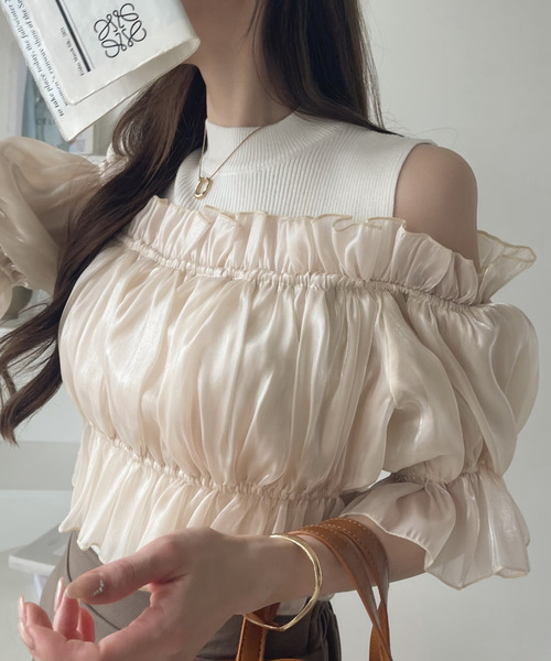 新品未使用！オーガンジーフリルドッキングプルオーバー　アイボリー La-gemme tシャツ オーガンジーフリル ドッキングプルオーバー