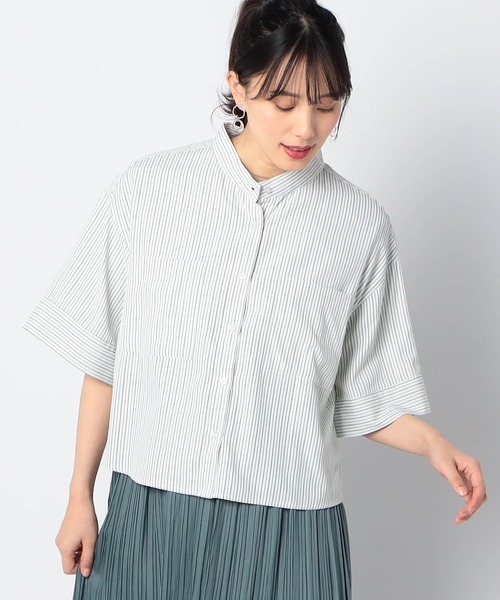 Grand PARK（グランドパーク）の「ストライプ　クロップドワイドシャツ（シャツ/ブラウス・レディース・ブルー系/グリーン系/サックスブルー系・FREE）」の2枚目の写真