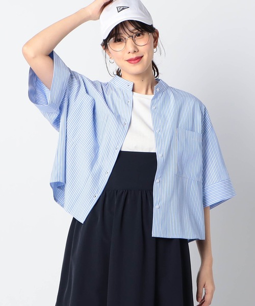 Grand PARK（グランドパーク）の「ストライプ　クロップドワイドシャツ（シャツ/ブラウス・レディース・ブルー系/グリーン系/サックスブルー系・FREE）」の3枚目の写真