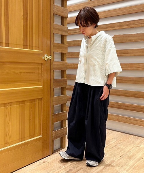 Grand PARK（グランドパーク）の「ストライプ　クロップドワイドシャツ（シャツ/ブラウス・レディース・ブルー系/グリーン系/サックスブルー系・FREE）」の18枚目の写真