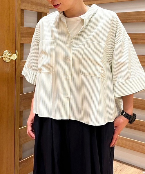 Grand PARK（グランドパーク）の「ストライプ　クロップドワイドシャツ（シャツ/ブラウス・レディース・ブルー系/グリーン系/サックスブルー系・FREE）」の20枚目の写真