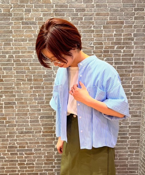 Grand PARK（グランドパーク）の「ストライプ　クロップドワイドシャツ（シャツ/ブラウス・レディース・ブルー系/グリーン系/サックスブルー系・FREE）」の21枚目の写真