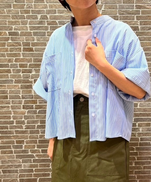 Grand PARK（グランドパーク）の「ストライプ　クロップドワイドシャツ（シャツ/ブラウス・レディース・ブルー系/グリーン系/サックスブルー系・FREE）」の22枚目の写真