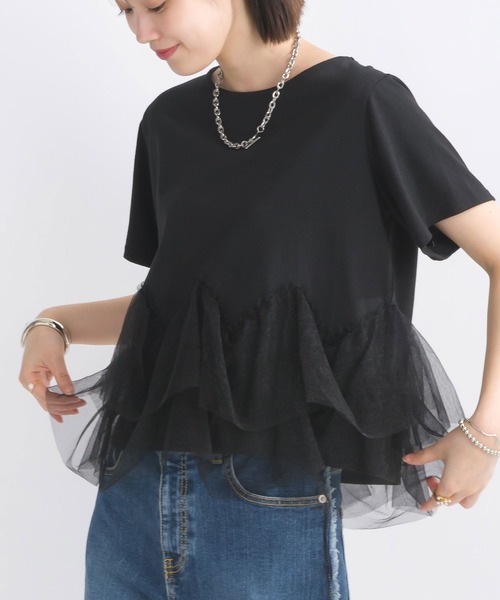 PICCIN(ピッチン)の「【WEB限定】裾チュールフリルプルオーバー(Tシャツ/カットソー・レディース・オフホワイト/ブラック・M/L)」の2枚目の写真