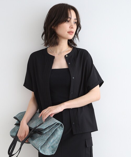 【セール】【UVケア／接触冷感／SETUP可能】麻混ストレッチ タックブラウス（シャツ/ブラウス）｜INDIVI（インディヴィ）