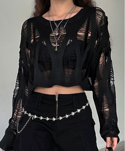 NOVESSEL（ノベセル）の「『NOVESSEL/ノベセル』シースルーニット【Y】【CN】（ニット/セーター・レディース・ブラック・FREE）」の2枚目の写真