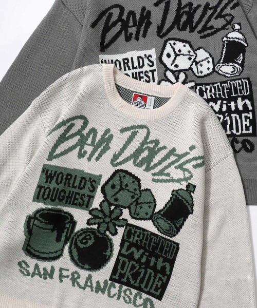 BEN DAVIS(ベンデイビス)の「BEN DAVIS/ベンデイビス SELECTION KNIT TOP/オーバーサイズ ニット ストリート ロゴ セーター/レディース メンズ(ニット/セーター・メンズ・ライトグレー/ブルー/オフホワイト/ブラック・XL/L/M)」の2枚目の写真