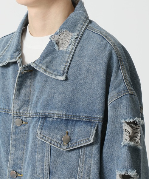 ARCADE（アーケード）の「春服 Gジャン オーバーサイズ クラッシュダメージ加工 デニムジャケット -ARCADE Limited Line-（デニムジャケット・メンズ・ブラック/ブルー・M/L/XL）」の4枚目の写真