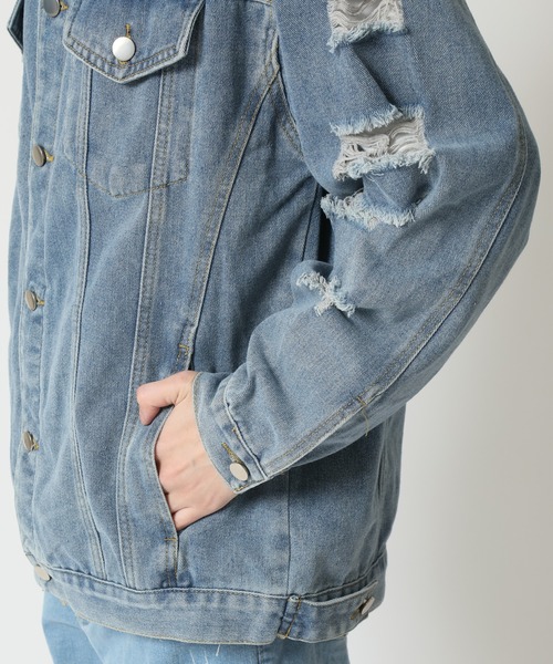 ARCADE（アーケード）の「春服 Gジャン オーバーサイズ クラッシュダメージ加工 デニムジャケット -ARCADE Limited Line-（デニムジャケット・メンズ・ブラック/ブルー・M/L/XL）」の7枚目の写真