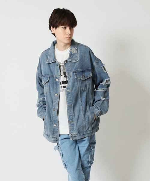 ARCADE（アーケード）の「春服 Gジャン オーバーサイズ クラッシュダメージ加工 デニムジャケット -ARCADE Limited Line-（デニムジャケット・メンズ・ブラック/ブルー・M/L/XL）」の12枚目の写真