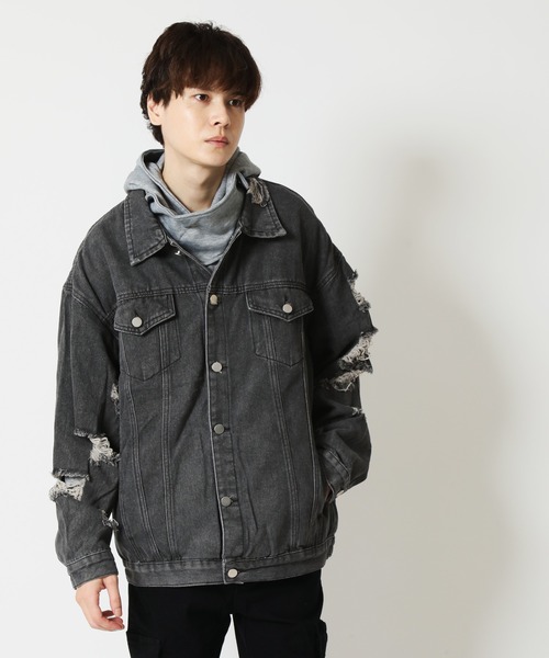 ARCADE（アーケード）の「春服 Gジャン オーバーサイズ クラッシュダメージ加工 デニムジャケット -ARCADE Limited Line-（デニムジャケット・メンズ・ブラック/ブルー・M/L/XL）」の14枚目の写真