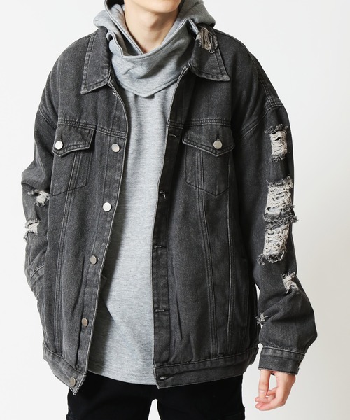 ARCADE（アーケード）の「春服 Gジャン オーバーサイズ クラッシュダメージ加工 デニムジャケット -ARCADE Limited Line-（デニムジャケット・メンズ・ブラック/ブルー・M/L/XL）」の15枚目の写真
