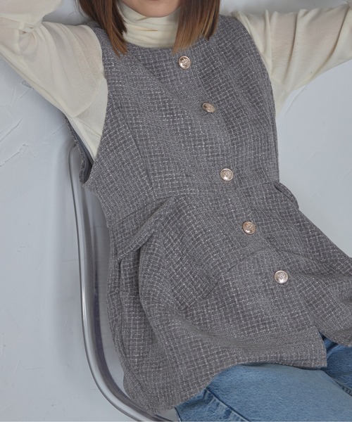 【セール】ゴールド釦ツイードペプラムベスト（ベスト）｜each（イーチ）ベスト
