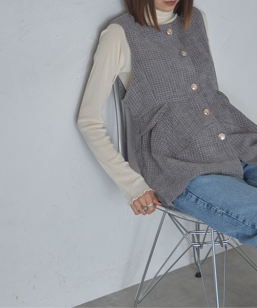 【セール】ゴールド釦ツイードペプラムベスト（ベスト）｜each（イーチ）