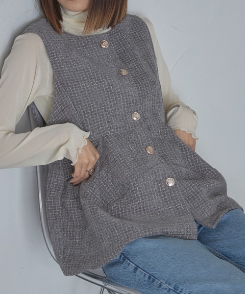 【セール】ゴールド釦ツイードペプラムベスト（ベスト）｜each（イーチ）