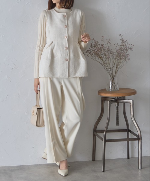 【セール】ゴールド釦ツイードペプラムベスト（ベスト）｜each（イーチ）