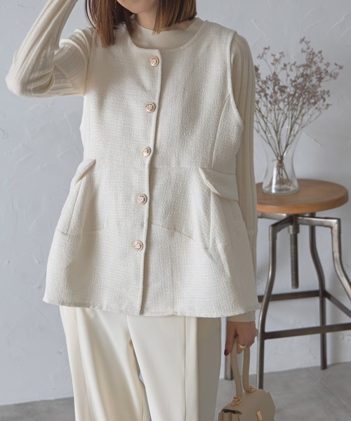 【セール】ゴールド釦ツイードペプラムベスト（ベスト）｜each（イーチ）