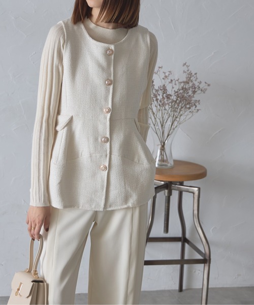 【セール】ゴールド釦ツイードペプラムベスト（ベスト）｜each（イーチ）