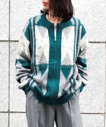 TOWNCRAFT / タウンクラフト VINTAGE JACQUARD ZIP CARDIGAN モヘアタッチ シャギーニット クルーネック ジップアップ カーディガン