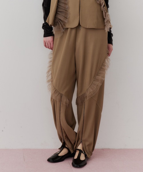 フロント裾ZIPチュールフリルデザインパンツ【セットアップ対応