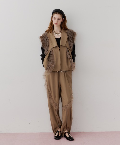 フロント裾ZIPチュールフリルデザインパンツ【セットアップ対応