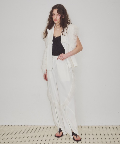 フロント裾ZIPチュールフリルデザインパンツ【セットアップ対応