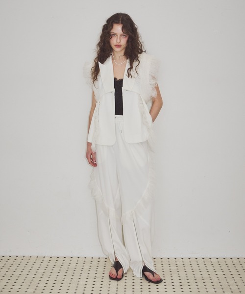 フロント裾ZIPチュールフリルデザインパンツ【セットアップ対応