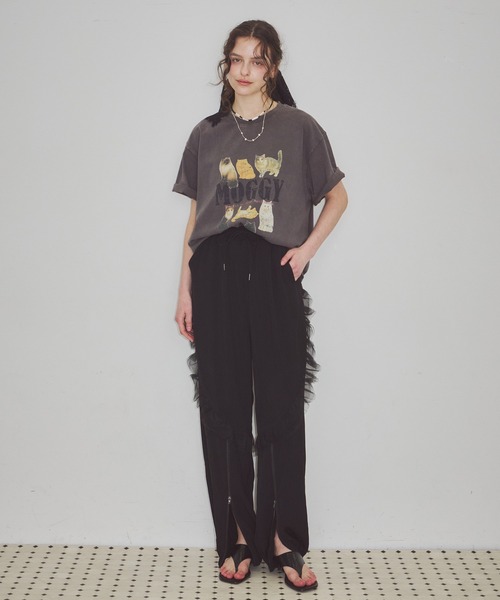 フロント裾ZIPチュールフリルデザインパンツ【セットアップ対応