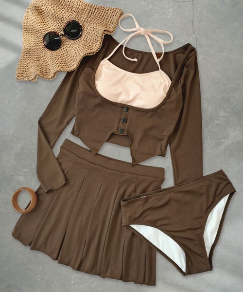 OSYAREVO ブラウン ブラック 水着セット OSYAREVO（オシャレボ）の「水着 レディース カーディガン風