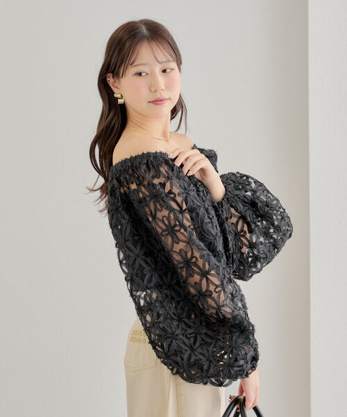 【未使用】BCBG MAXAZRIA シアーブラウス チュールワンピース セール】シアーフラワーボリュームチュールブラウス（シャツ